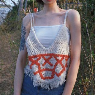 Fringed Hem Crochet Knit Camisole Top Almond - One Size