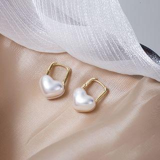 Heart Faux Pearl Dangle Earring E4142 - 1 Pair - Gold - One Size
