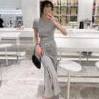 Short-sleeve Plain Ripped Shirred Side-slit Dress
