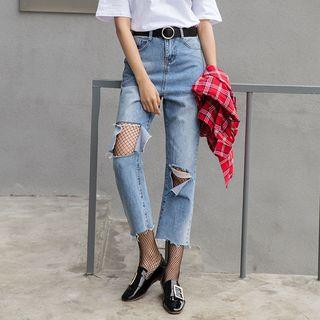 Set: Ripped Straight Leg Jeans + Fishnet Tights