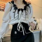 Long-sleeve Drawstring Bow-accent Ruched Top / Plain Skirt