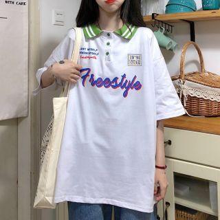 Lettering Collared Elbow-sleeve T-shirt