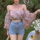 Floral Print Off Shoulder Blouse Mauve - One Size