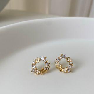 Rhinestone Flower Hoop Stud Earring 1 Pair - Gold - One Size