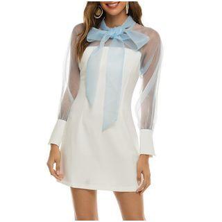 Mesh Panel Ribbon Long-sleeve Mini A-line Dress