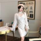Set: Long-sleeve Sheer Top + Sleeveless Sheath Dress