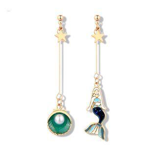 Non-matching Alloy Mermaid Tail Faux Pearl Shell Dangle Earring 1 Pair - Gold - One Size