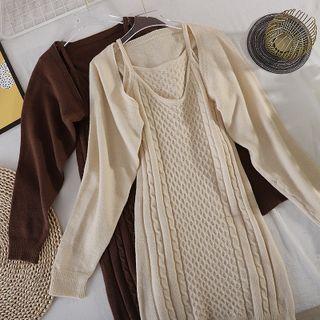 Set: Cropped Cardigan + Spaghetti Strap Cable-knit Sheath Dress