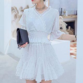 Set: Dotted Ruffle Trim Elbow-sleeve Crop Top + High-waist Mini Skirt