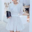 Set: Dotted Ruffle Trim Elbow-sleeve Crop Top + High-waist Mini Skirt