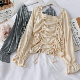Square-neck Drawstring Satin Blouse