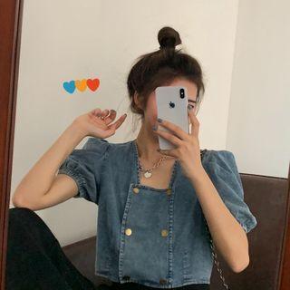 Puff-sleeve Square-neck Cropped Denim Blouse