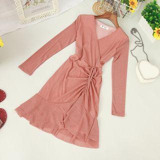 Glitter Drawstring Long-sleeve A-line Dress