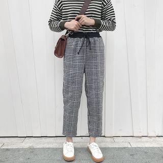 Drawstring Waist Plaid Pants