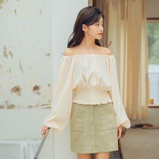 Off Shoulder Puff Sleeve Buttoned Smocked Top