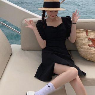 Puff-sleeve Slit Mini A-line Dress