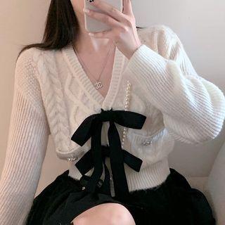 V-neck Bow Accent Cable Knit Long-sleeve Sweater White - One Size