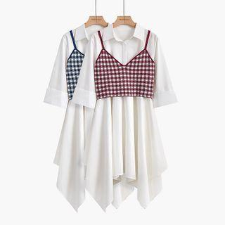 Set: Short-sleeve Irregular A-line Shirtdress + Spaghetti Strap Checked Top