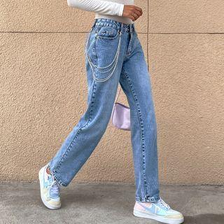 Chain High-waist Straight Leg Jeans