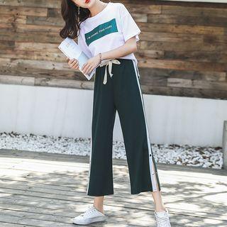 Set: Lettering Short Sleeve T-shirt + Contrast Trim Wide Leg Pants