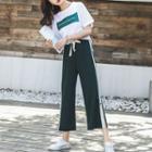 Set: Lettering Short Sleeve T-shirt + Contrast Trim Wide Leg Pants