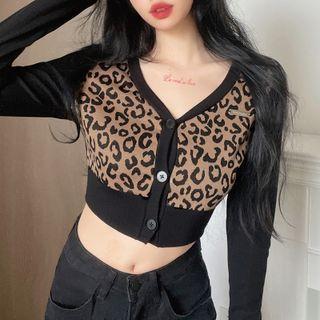 Long Sleeve V-neck Leopard Print Crop Cardigan