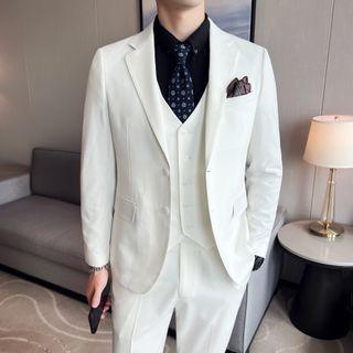 Set: Plain Single-breasted Blazer + Vest + Straight Leg Dress Pants