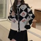 Floral Embroidered Two-tone Cardigan Rhombus - Black & White - One Size
