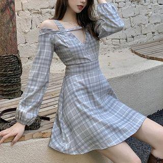 Cold Shoulder Cutout Plaid A-line Dress