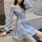 Cold Shoulder Cutout Plaid A-line Dress