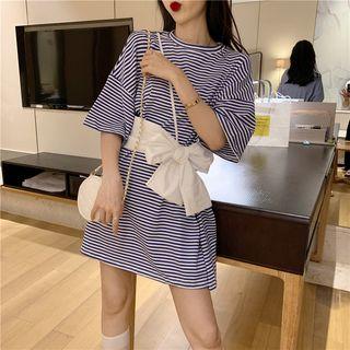 Striped Bow-accent Elbow-sleeve T-shirt Dress