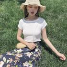 Short-sleeve Knit Top / Floral Midi-skirt