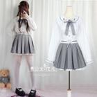 Hooded Zip Jacket / Color Block Pleated Skirt / Bow Accent Blouse / Plain Tights / Set