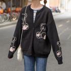 Round-neck Bear Printed Knitted Cardigan