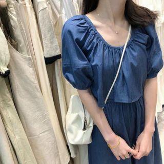 Set: Puff-sleeve Denim Crop Top + Midi A-line Skirt