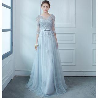 Elbow Sleeve Lace Trim Evening Gown