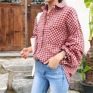 Drop-shoulder Balloon-sleeve Gingham Shirt