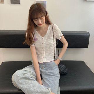 Embroider Knit Short-sleeve Cardigan White - One Size