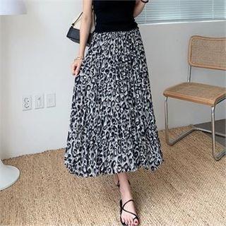 Band-waist Accordion-pleat Leopard Skirt Black - One Size