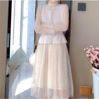 Set: Long-sleeve Mesh Ruffled Dress + Plain Knit Vest