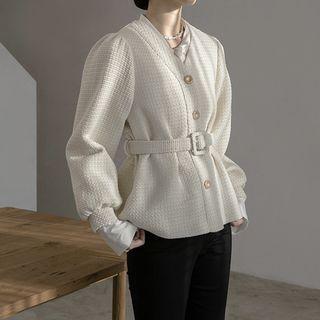 Puff-sleeve Jacquard Jacket With Belt Light Beige - One Size