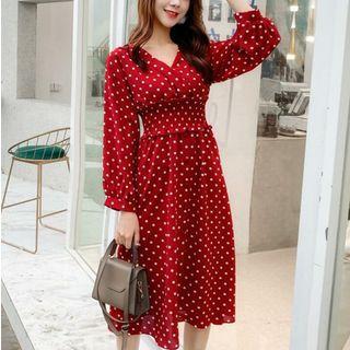 Puff Sleeve V-neck Dotted Print A-line Dress