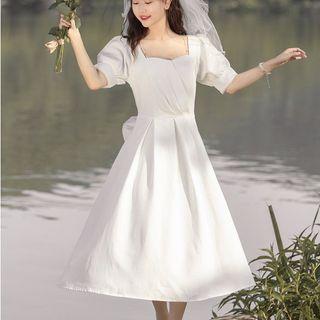 Short-sleeve Midi A-line Dress / Veil / Set