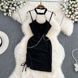 Spaghetti Strap Chain Detail Drawstring Halter Mini Dress Black - One Size