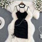 Spaghetti Strap Chain Detail Drawstring Halter Mini Dress Black - One Size