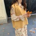 Long-sleeve Floral Print Midi A-line Dress / Sweater Vest / Set