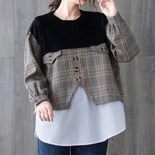Long-sleeve Buttoned Plaid Knit Panel Top