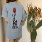 Short-sleeve Floral Print Long T-shirt