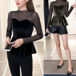 Ruffled Hem Mesh Panel Velvet Top