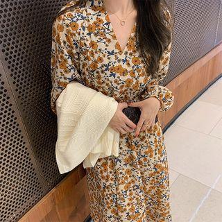 Single-breasted Blazer / Flower Print Long-sleeve Midi A-line Dress / Set